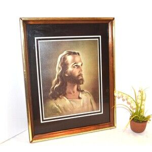 Vintage Jesus Framed Picture 1940s Large